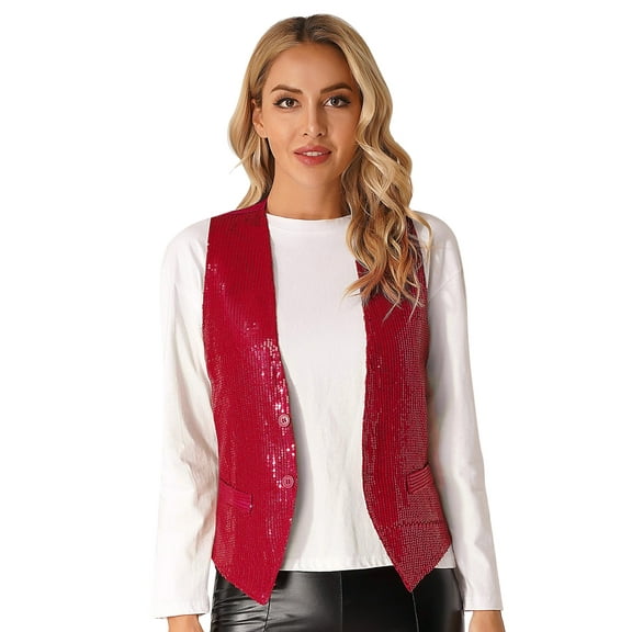 YUUMIN Women's Shiny Sequined Vest Sleeveless V-neck Waistcoat Open Front Jacket Coat Vest Tops Red 170/XL