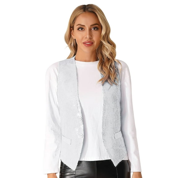 YUUMIN Women's Shiny Sequined Vest Sleeveless V-neck Waistcoat Open Front Jacket Coat Vest Tops White 160/L