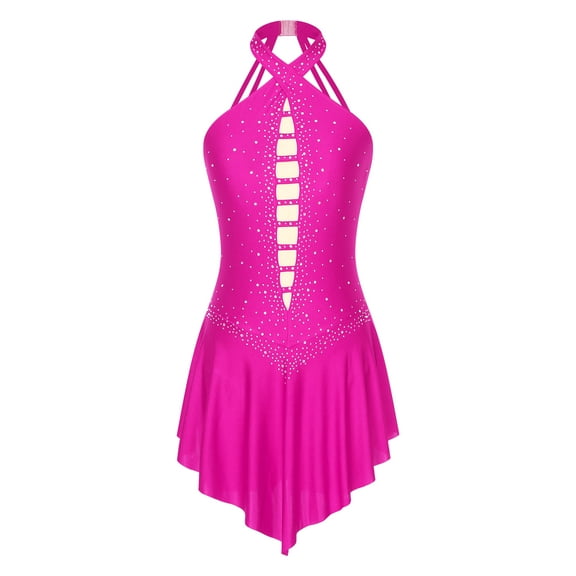 YUUMIN Womens Figure Skating Dress Sleeveless Open Back Rhinestone Pattern Competition Performance Hot Pink XXL