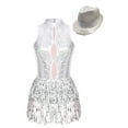 thumbnail image 1 of YUUMIN Womens Sparkly Sequin Fringe Leotard Bodysuit with Hat Jazz Latin Dance Dress Stage White L, 1 of 7