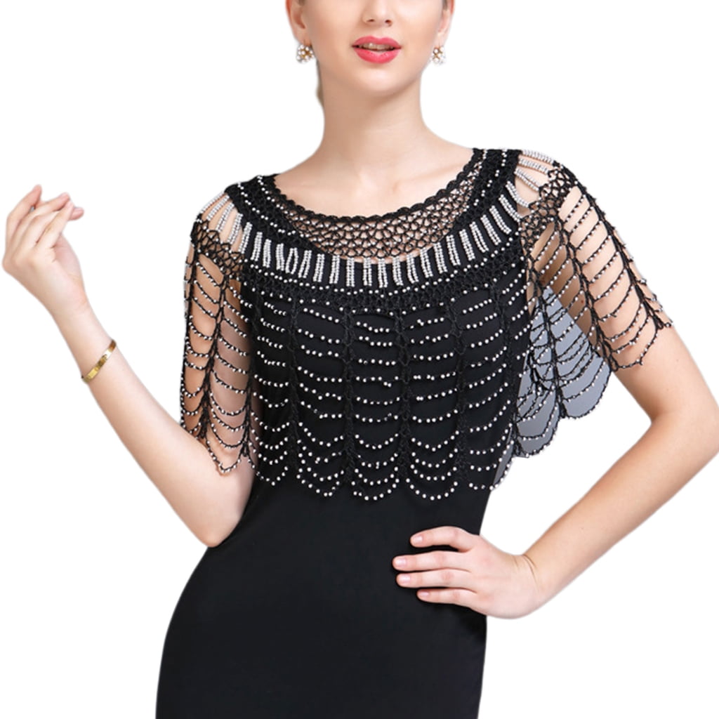Black Tassel Cape Shawl Wrap Dressy Formal Black Beaded main image 1