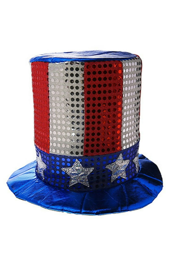 Adu1t Sam Red White Blue Sequin Top Hat Stars Stripes Caps Bowtie Forth of July Supplies Stovepipe Hat