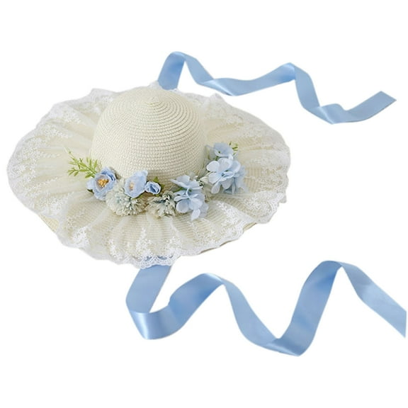 YUUZONE Flower Decors Straw Weaving Hat Lightweight Breathable Hat Lace Brim Cap Outdoor Seaside Hat Women Teenagers Hat