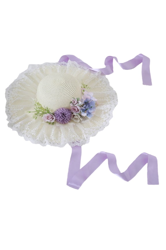 Flower Decors Straw Weaving Hat Lightweight Breathable Hat Lace Brim Cap Outdoor Seaside Hat Women Teenagers Hat