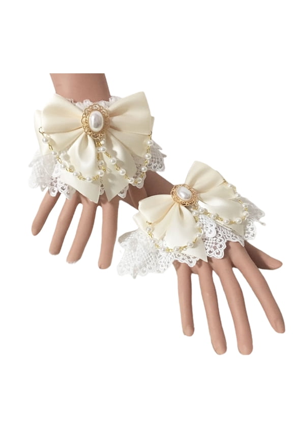 Sweet Lolita Hand Wrist Cuffs Double Layer Floral Lace Bow Bracelet Wristband Imitation Pearl Chain Maid C0sp1ay Sleeves