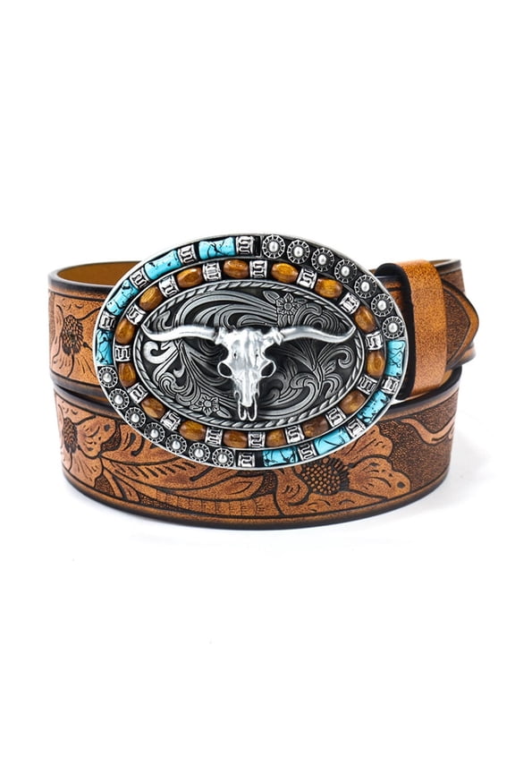 YUUZONE Vintage Western Belt Longhorn Bull Belt Buckle Belt Cowboy Belt With Big Buckle Jeans Belt Belt Beaded Belt