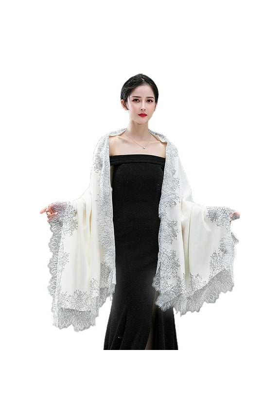 Women Autumn Pashmina Elegant Large Scarf Vintage Evening Dress Shawl Wrap Eyelash Floral Lace Patchwork Edge Wedding Party Stole Cape