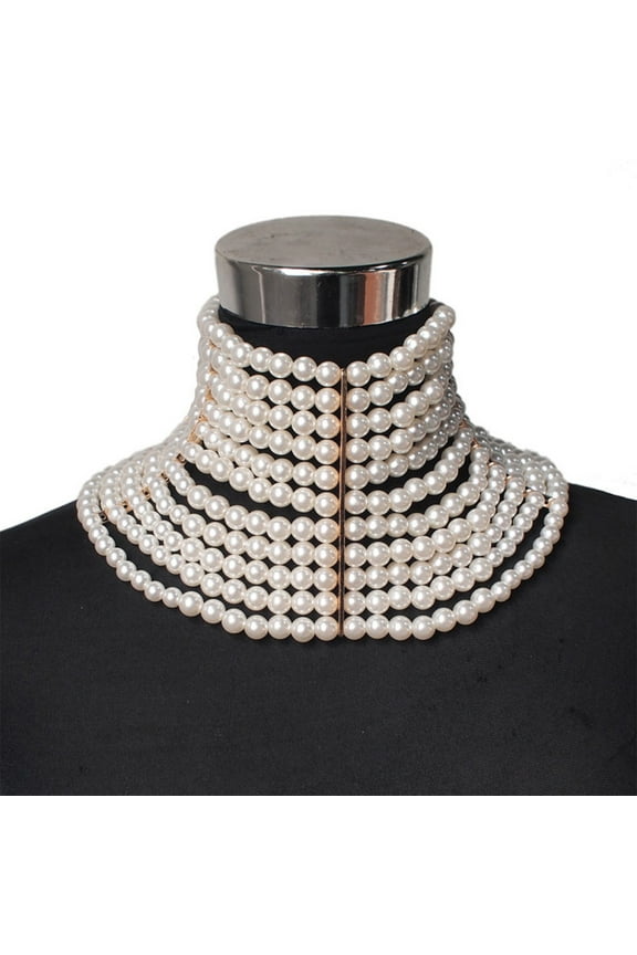 Women Wedding Vintage Exaggerated Choker Multi Strands Layered Imitation Pearl Jewelry High Collar Statement Necklaces