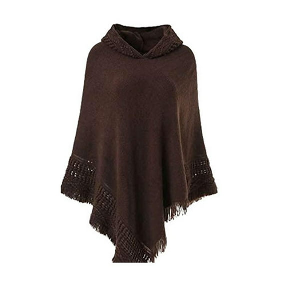 YUUZONE Women Winter Knit Hooded Poncho Cape Crochet Fringed Tassel Shawl Wrap Sweater