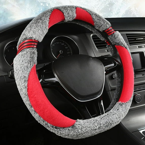 YUVA 38cm Winter Velvet Steering Wheel Cover, Polyester, Warm & Anti-Slip, Fits 14.96in Wheels, Easy Install, Blue/Pink/White/Red