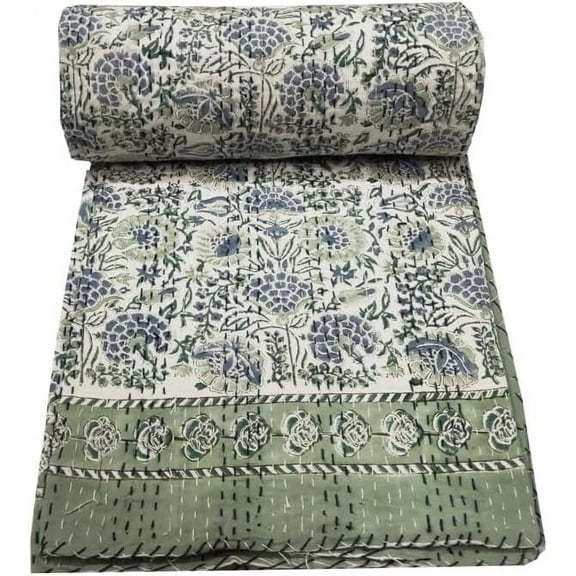 YUVANCRAFTS Indian Block Print Quilt Queen Kantha Quilts Kantha Throw Kantha Bedspread Blanket Cotton Bed Cover Quilt Boho Kantha Quilts Bedspread