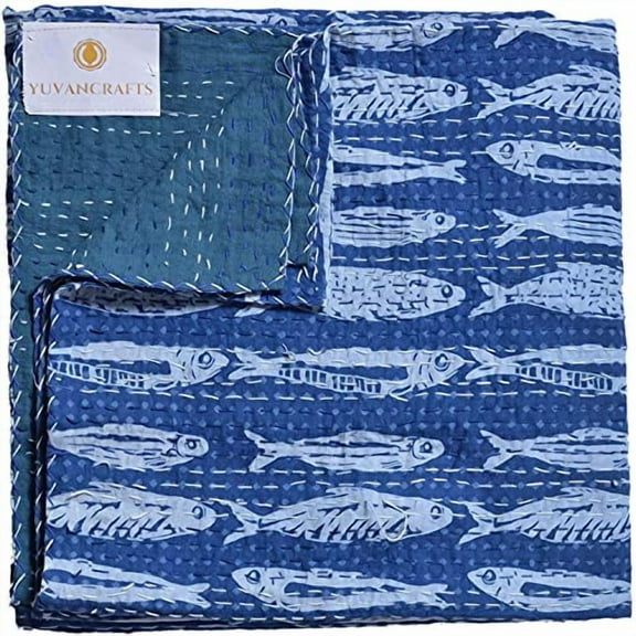 YUVANCRAFTS Indian Cotton Handmade Kantha Quilt Hand Block Fish Print Queen Quilt Blanket Bedspreads Throw (King Size)