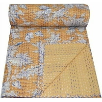 YUVANCRAFTS Indian Handmade Cotton Kantha Quilt Traditional Floral Print Twin Quilt Blanket Bedspreads Throw (Yellow)