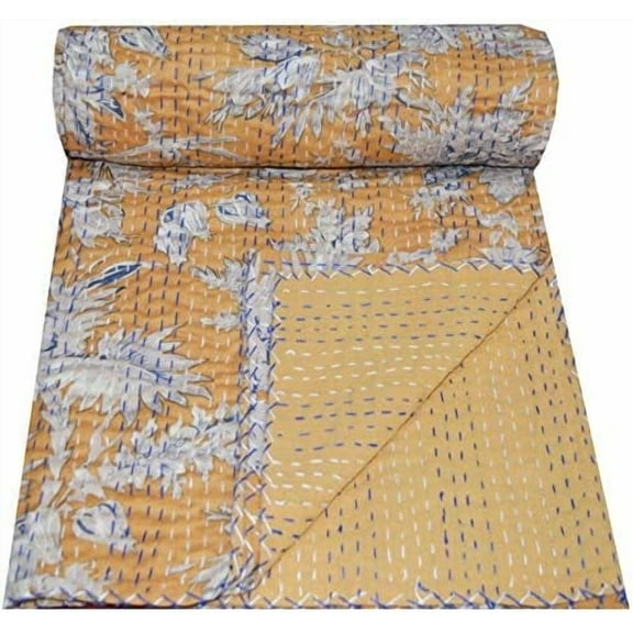 YUVANCRAFTS Indian Handmade Cotton Kantha Quilt Traditional Floral Print Twin Quilt Blanket Bedspreads Throw (Yellow)