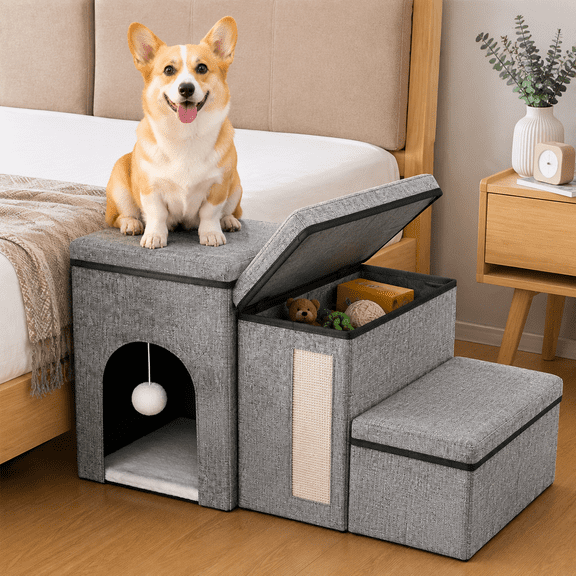 YUWENUS Dog Step Stair, 3-Step Pet Stairs with Hidden Storage Boxes, 17" Folding Dog Staircase with Pet Condo for Small Medium Dogs and Puppies
