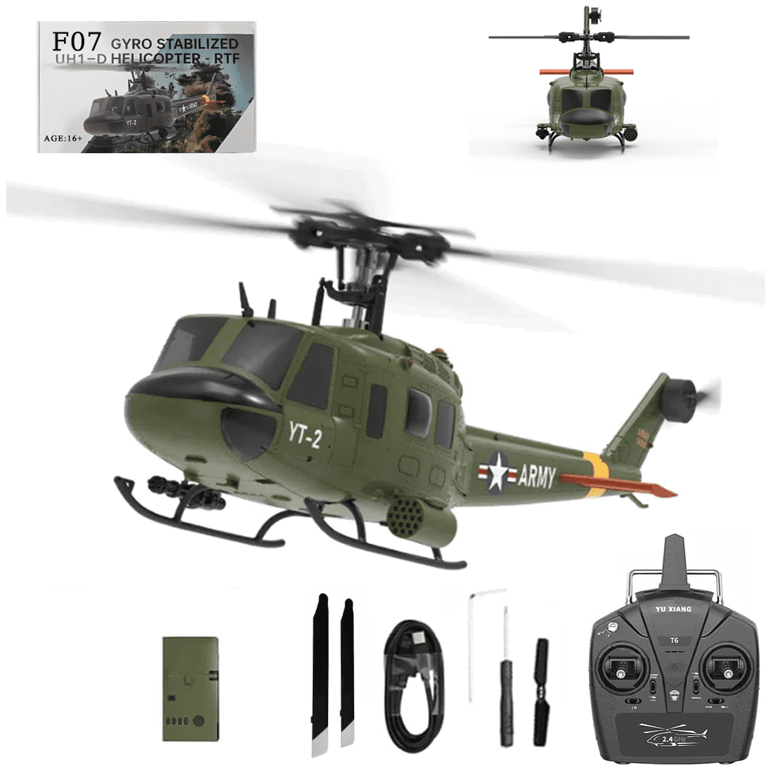 YUXIANG F07 UH-1 Huey 6CH RC Helicopter, 1:34 Scale Brushless Flybarless Helicopter with Optical Flow & Altitude Hold, 2.4GHz Military Aircraft Model Gift for Adults (RTF Version)