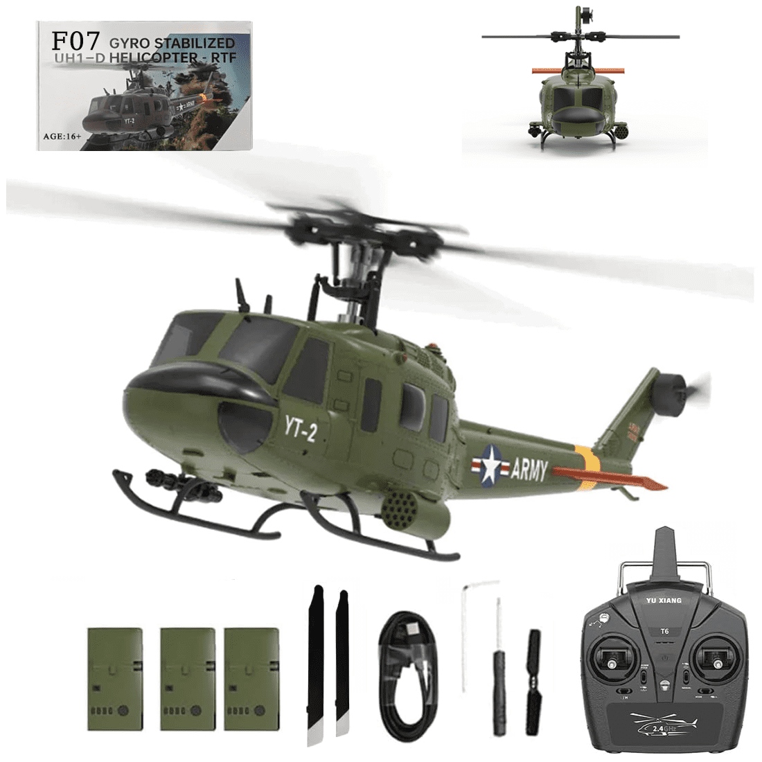 YUXIANG F07 UH-1 Huey 6CH RC Helicopter, 1:34 Scale Brushless Flybarless Helicopter with Optical Flow & Altitude Hold, 2.4GHz Military Aircraft Model Gift for Adults (RTF Version)