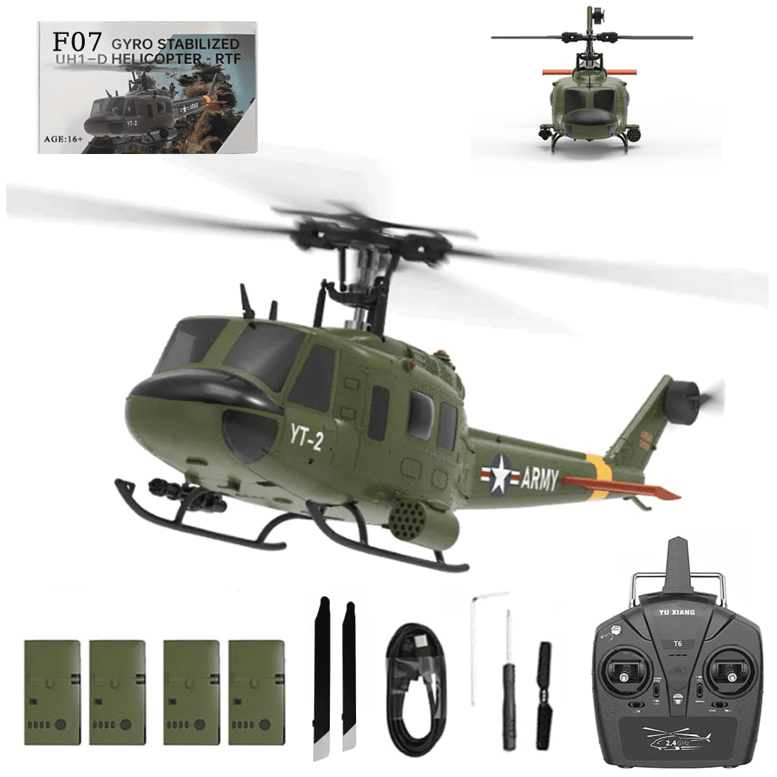 YUXIANG F07 UH-1 Huey 6CH RC Helicopter, 1:34 Scale Brushless Flybarless Helicopter with Optical Flow & Altitude Hold, 2.4GHz Military Aircraft Model Gift for Adults (RTF Version)