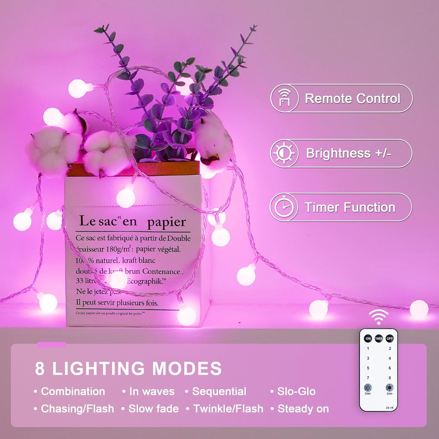 YUYAN-100 LED Pink Christms Lights Indoor, Connectable Globe String ...