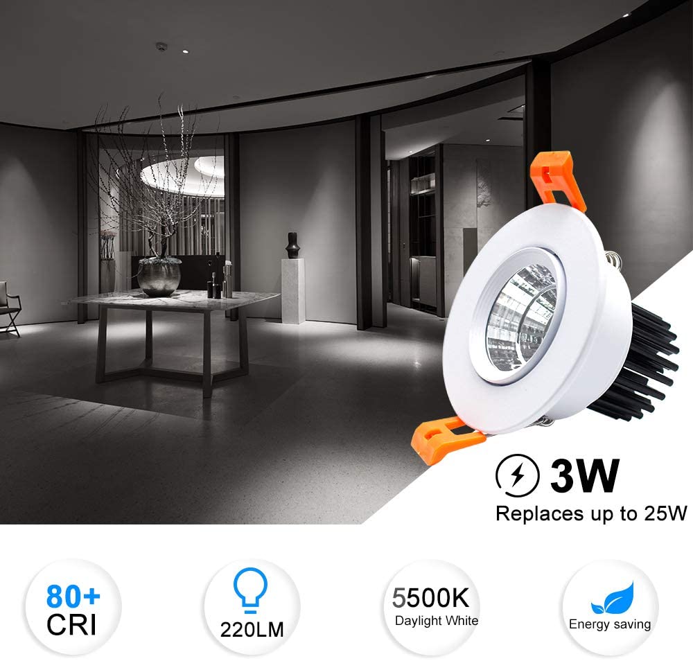 YUYAN-2 Inch LED Downlight, 3W Recessed Lighting COB Dimmable, 5000K ...