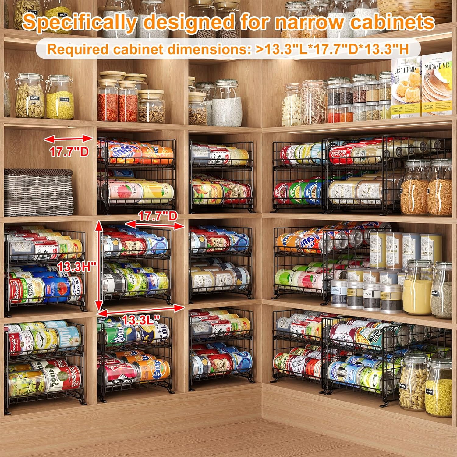GILLAS 8-Pack Stackable Can Organizer For Fridge - Black Wire Rack For Soda, Beer & Canned Food