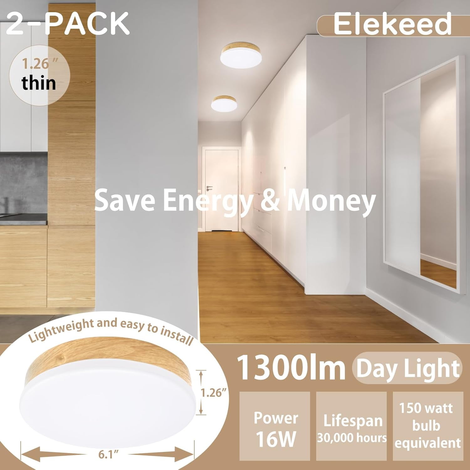 YUYAN-2-Pack Dimmable LED Flush Mount Ceiling Light Fixture 16W, Modern ...