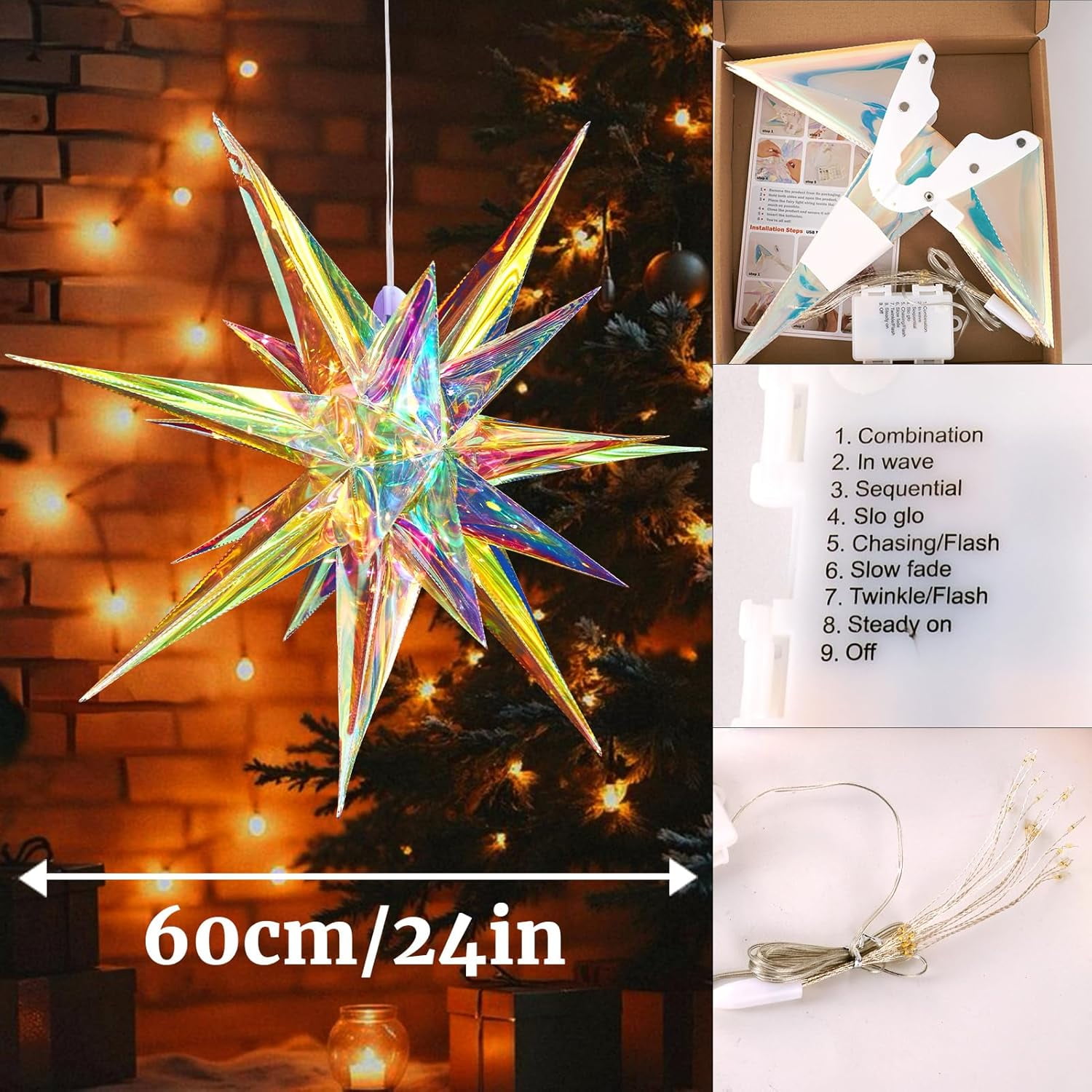 YUYAN-24 Inches Iridescent Christmas Lights Stars Lanterns Christmas Lanterns Hanging Moravian Star 3D for Wedding Birthday Christmas Home Party Decorations