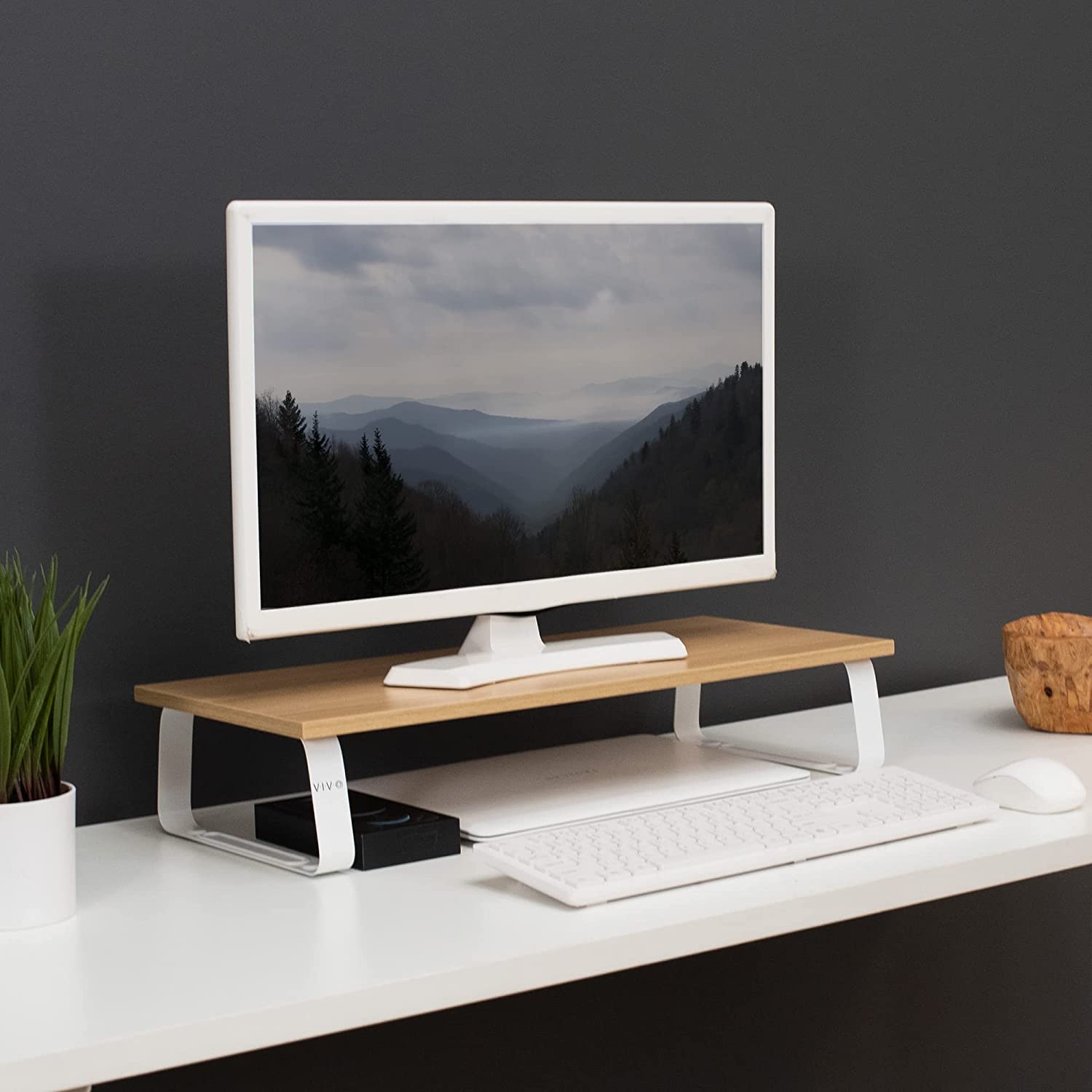 YUYAN-24 inch Monitor Stand, Wood and Steel Desktop Riser, Screen ...