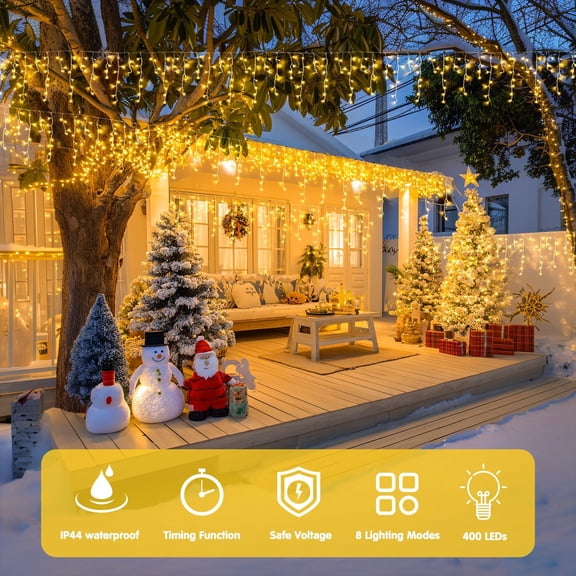 YUYAN-38.8FT Icicle Lights for Outside, 400 LED Icicle Christmas Lights Outdoor Indoor Plug in, Warm White String Lights for Christmas House Patio Party Fireplace Holiday Decorations