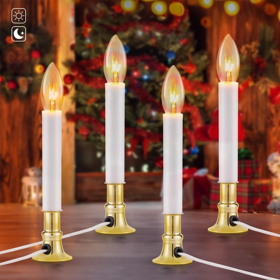 YUYAN-4 Pack Christmas Electric Window Candle Lights, Dusk to Dawn Candle Lamps with Brass Base, 9in Plug in Candle Lights with 7W E12 Base Incandescent Bulbs for Windows, Home, Party Decor