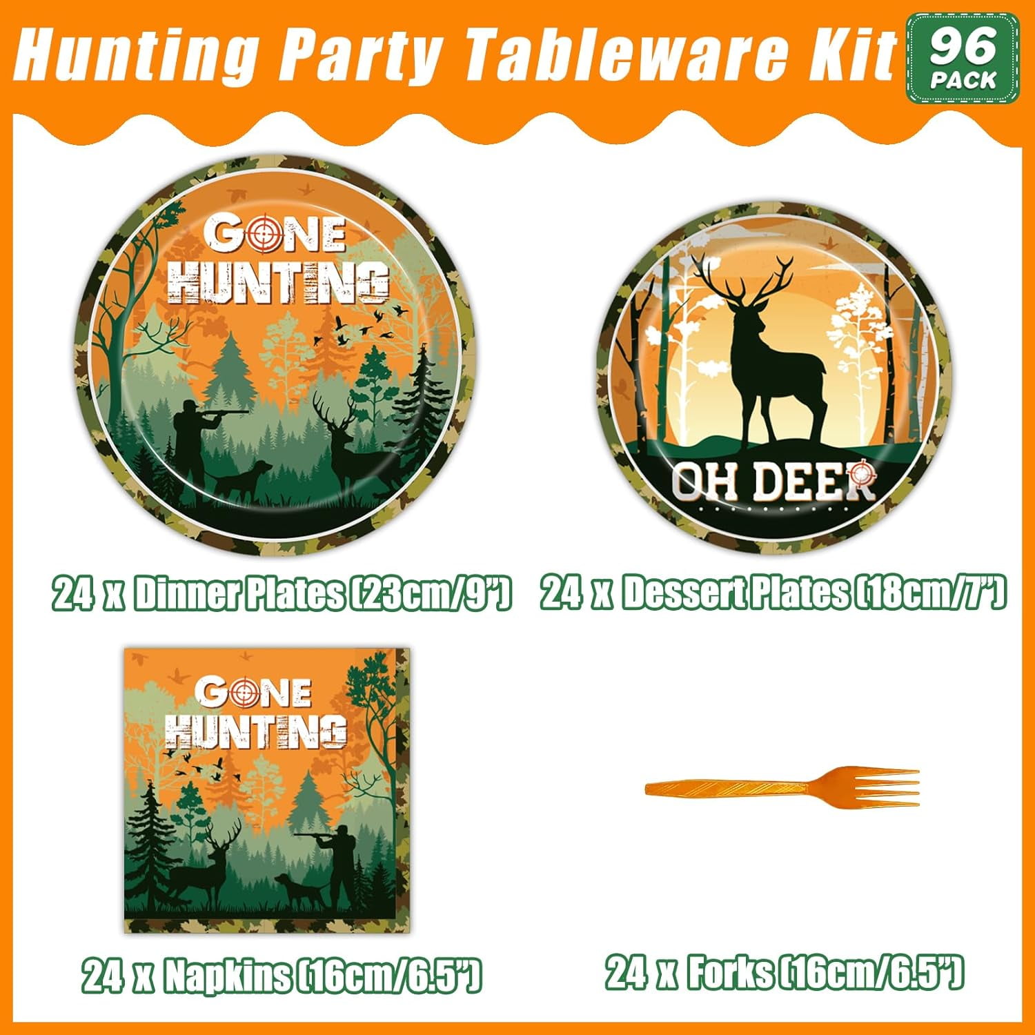 YUYAN-96 Pcs Hunting Camo Party Paper Plates Napkins, Oh Deer Baby Shower Birthday Party Decorations Supplies Disposable Dinnerware Tableware for Kids, Serves 24