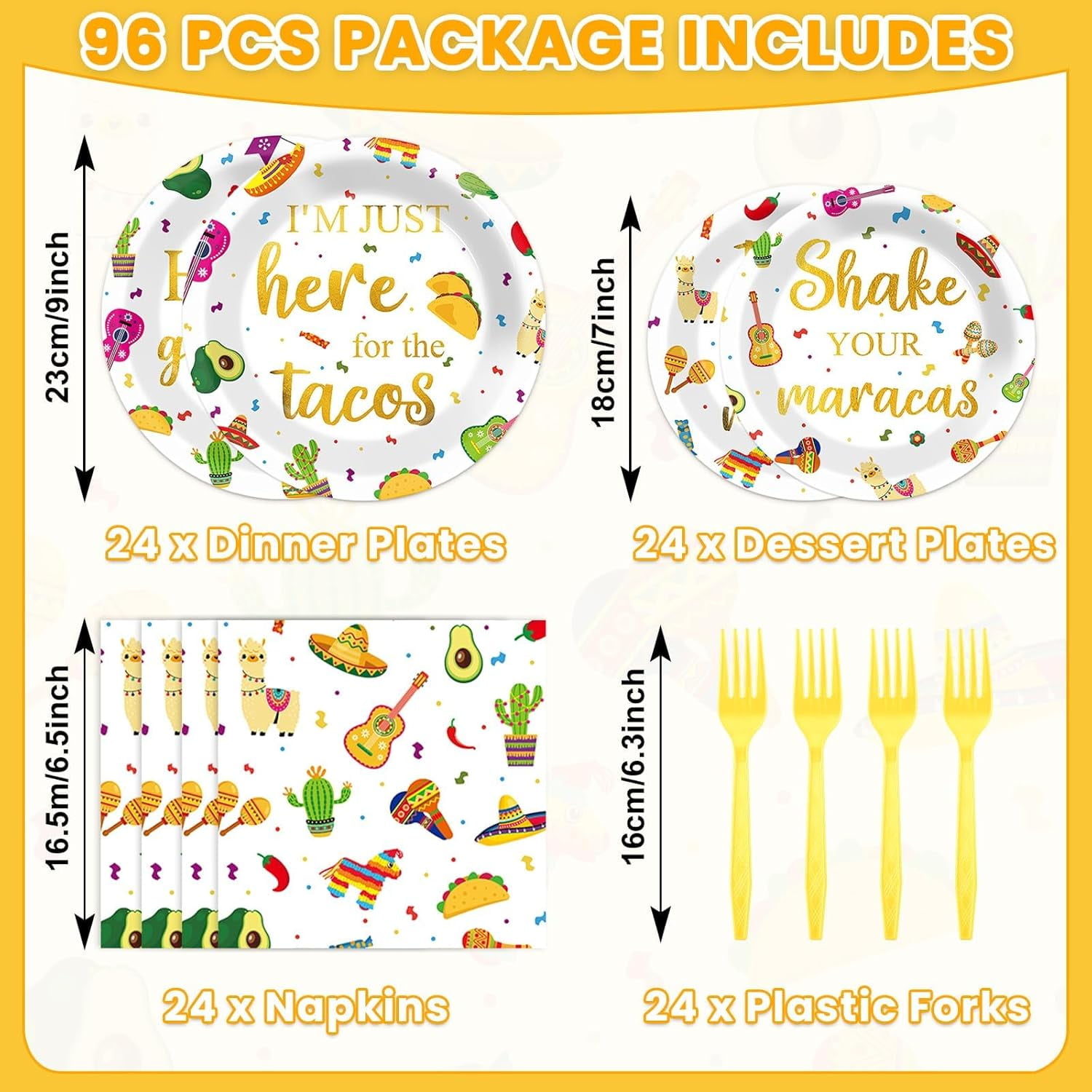 YUYAN-96 Pcs Mexican Fiesta Paper Plates and Napkins Taco Fiesta Party Supplies Mexican Themed De Mayo Dessert Tableware Set Dia De Los Muertos Colorful Themed Party Favors Baby Shower