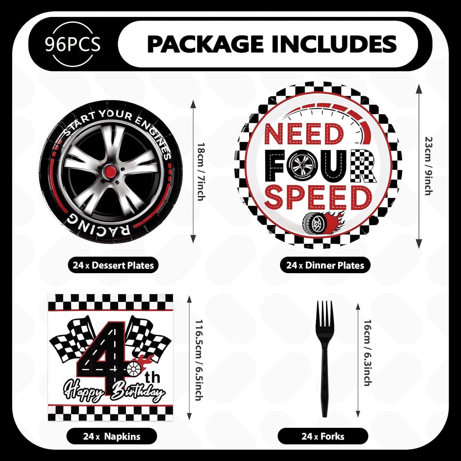 YUYAN-96 Pcs Need Four Speed Birthday Decorations Disposable Race Car Themed 4th Party Plates and Napkins Checkered Flag Tableware Set for Kids Boys Racing Car 4 Year Old Birthday Party Supplies Serv