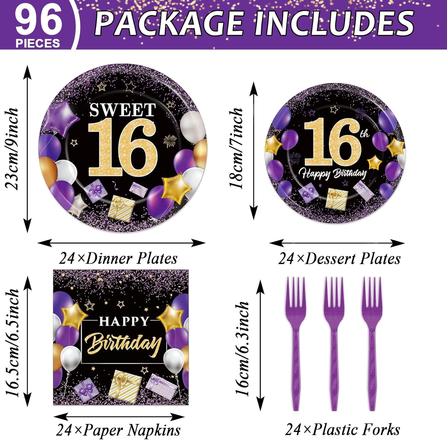 YUYAN-96PCS 16th Birthday Decorations Purple and Gold Sweet 16 Paper ...