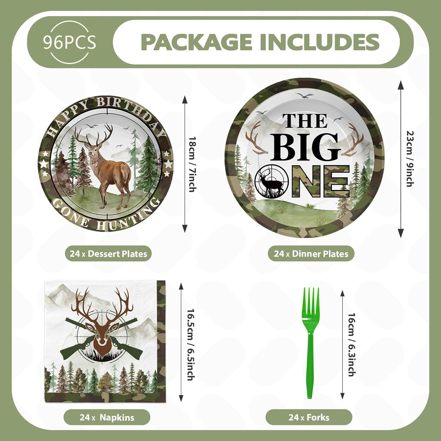 YUYAN-96Pcs Hunting Camo Birthday Party Decorations Hunting Camo Party Plates Disposable The Big One Paper Tableware Set for Gone Hunting Themed 1st Birthday Party Supplies, Serves 24