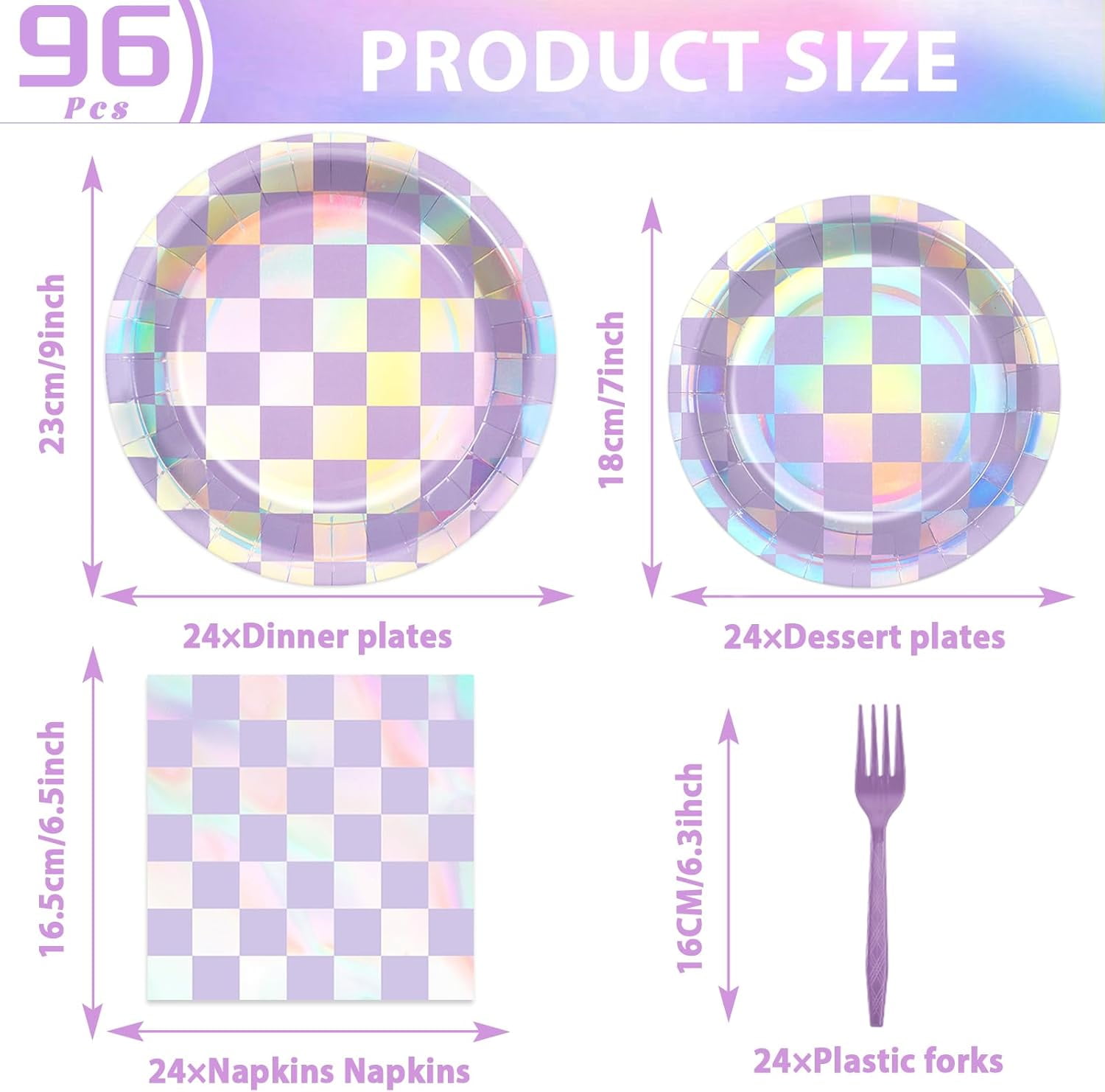 YUYAN-96Pcs Iridescent Birthday Party Supplies Purple Checkered Paper Plates Napkins Holographic Party Tableware Set Sparkle Tableware for Birthday Baby Shower Bachelorette Decoration Serve 24