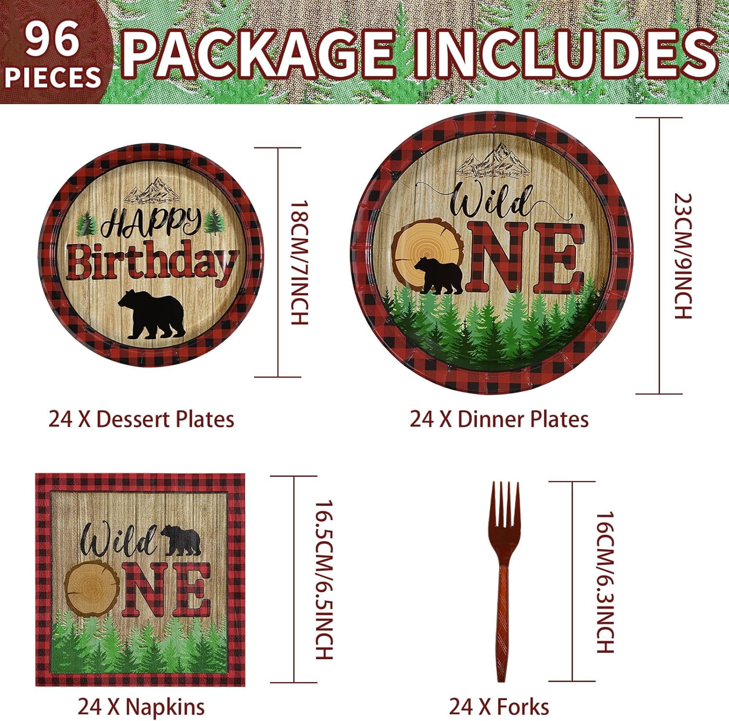 YUYAN-96Pcs Lumberjack Birthday Decorations Buffalo Plaid Lumberjack First Birthday Plates Disposable 350GSM Wild One Bear Woodland Tableware Set for Camping Hunting Party Baby Shower Decor, Serves 2