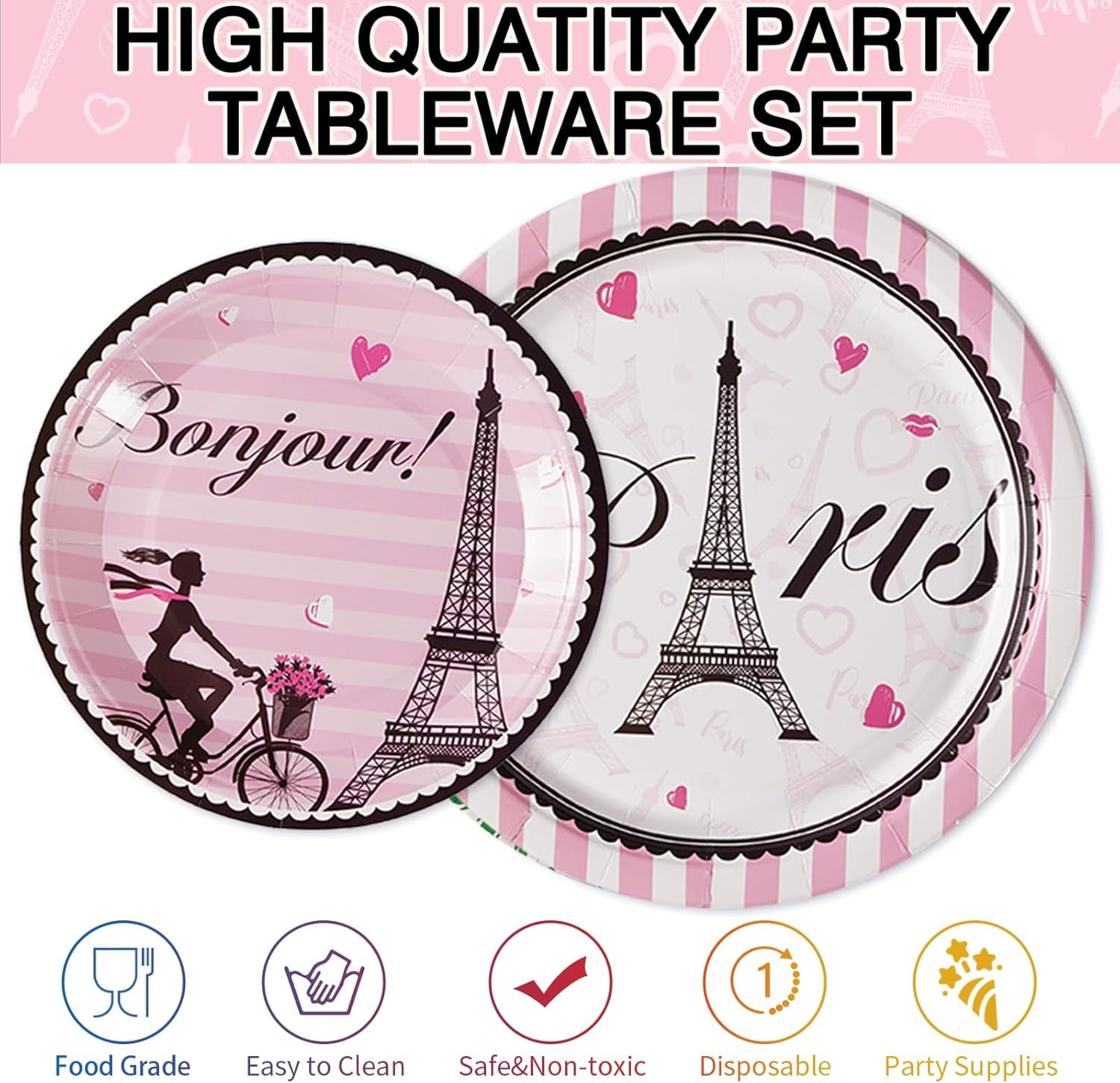 YUYAN-96Pcs Paris Birthday Party Decorations Paris Eiffel Tower Plates Disposable 350GSM Paris Party Tableware Set for Kids Birthday Baby Shower Paris Themed decor Party Supplies, Serves 24