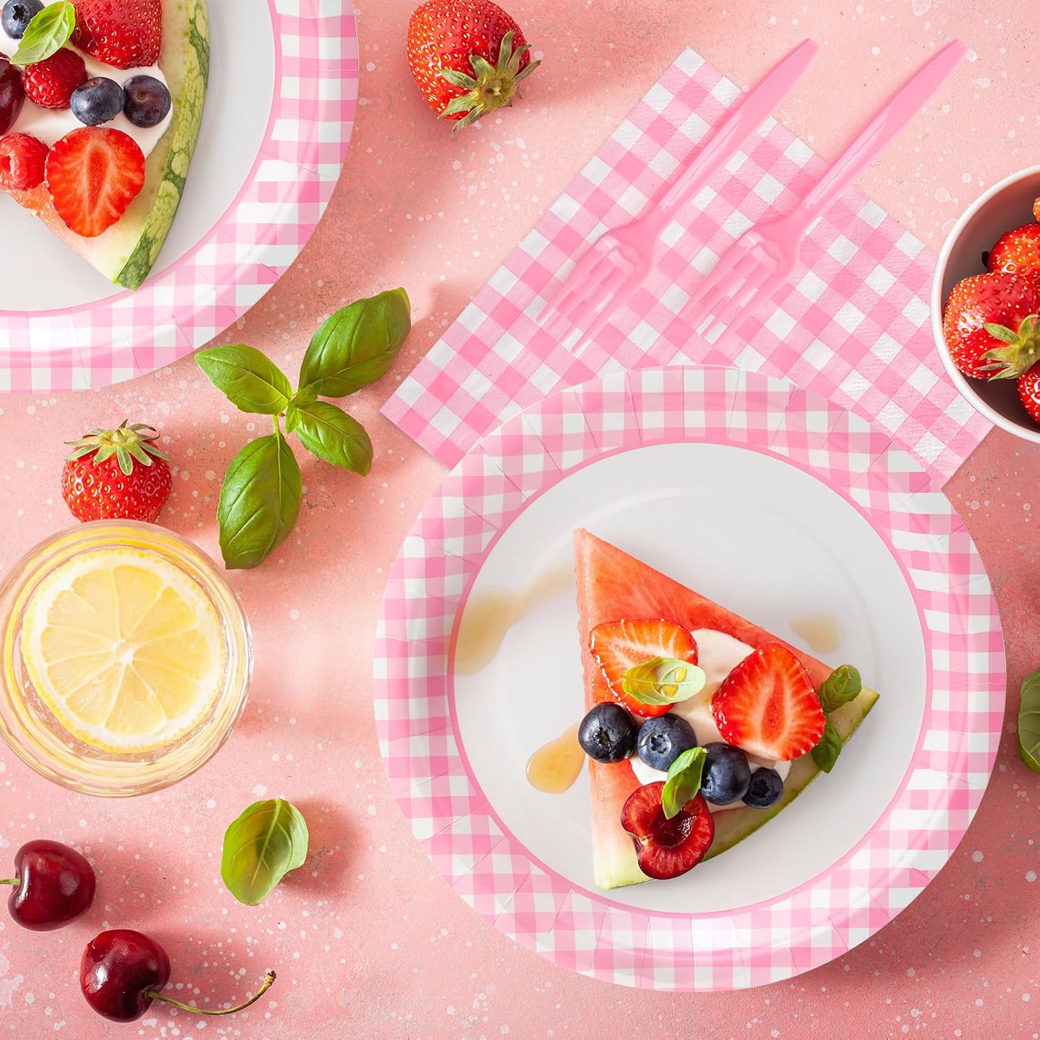 YUYAN-96Pcs Party Plates and Napkins Sets, Pink Gingham Checkered Paper ...