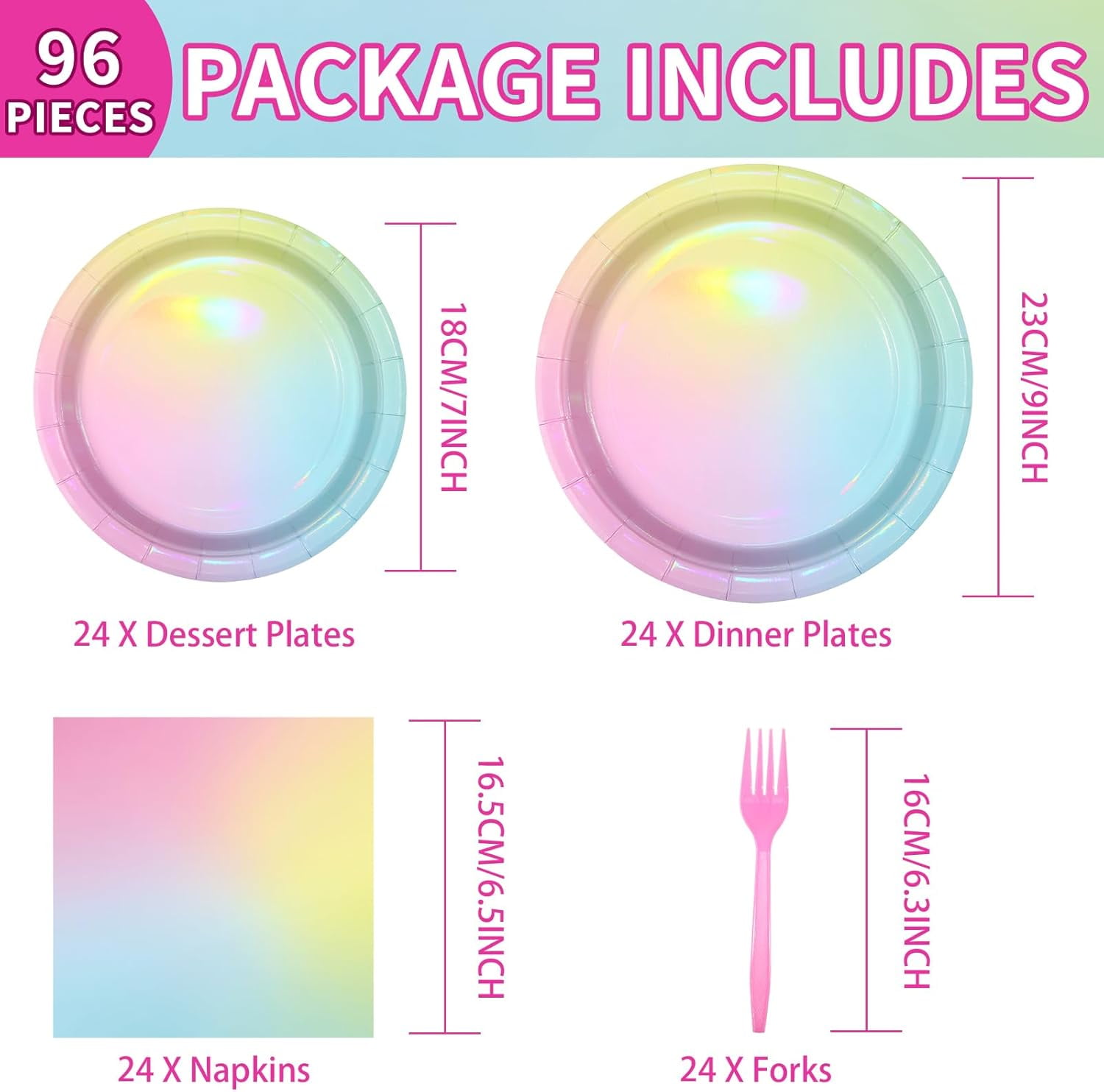 YUYAN-96Pcs Pastel Rainbow Birthday Party Supplies Iridescent Pastel Plates and Napkins Tableware Sets Rainbow Party Decorations for Girls Baby Shower Sprinkle Valentine's Day Party Favors Serves 24