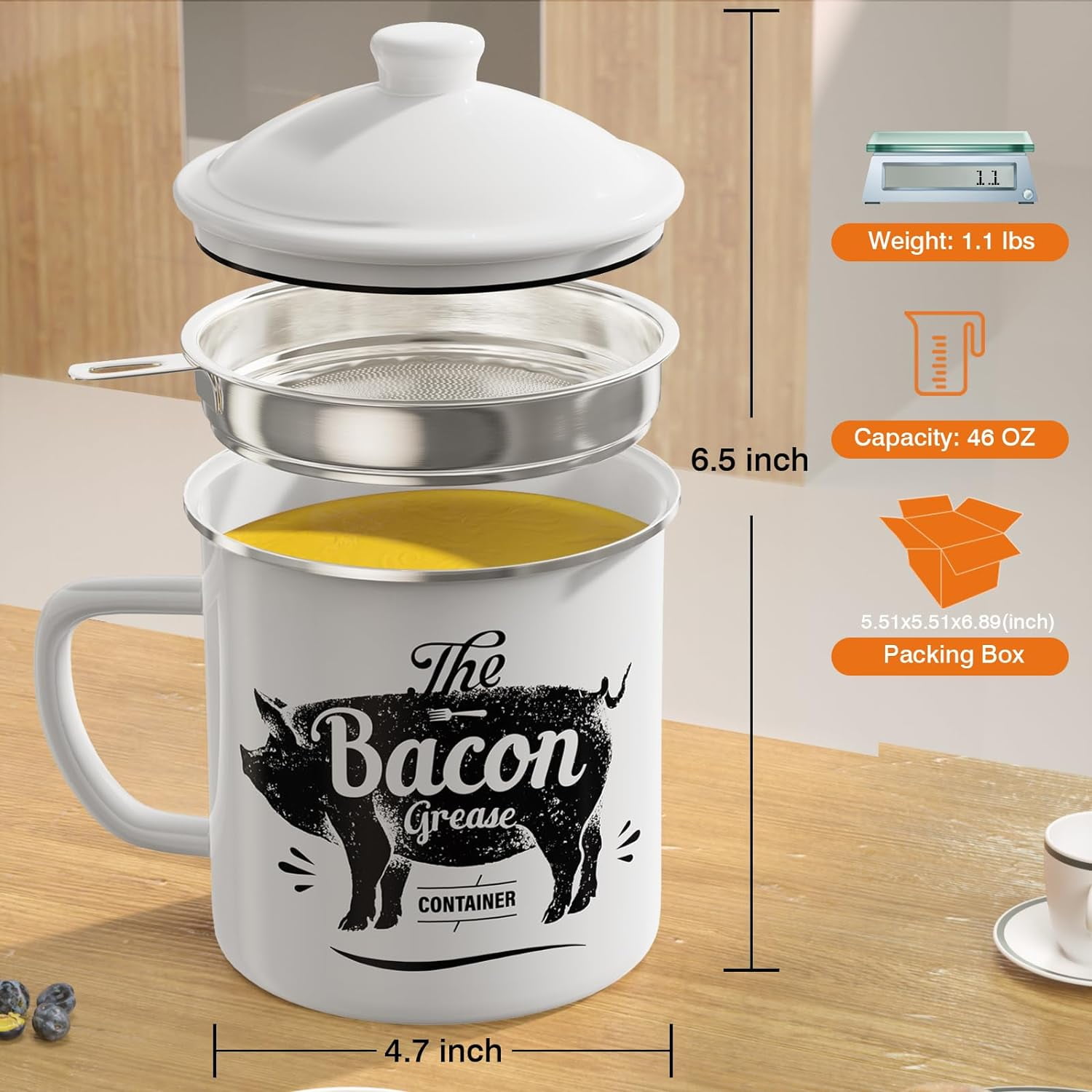 YUYAN-Bacon Grease Container With Strainer, 46OZ Large Enamel Grease ...