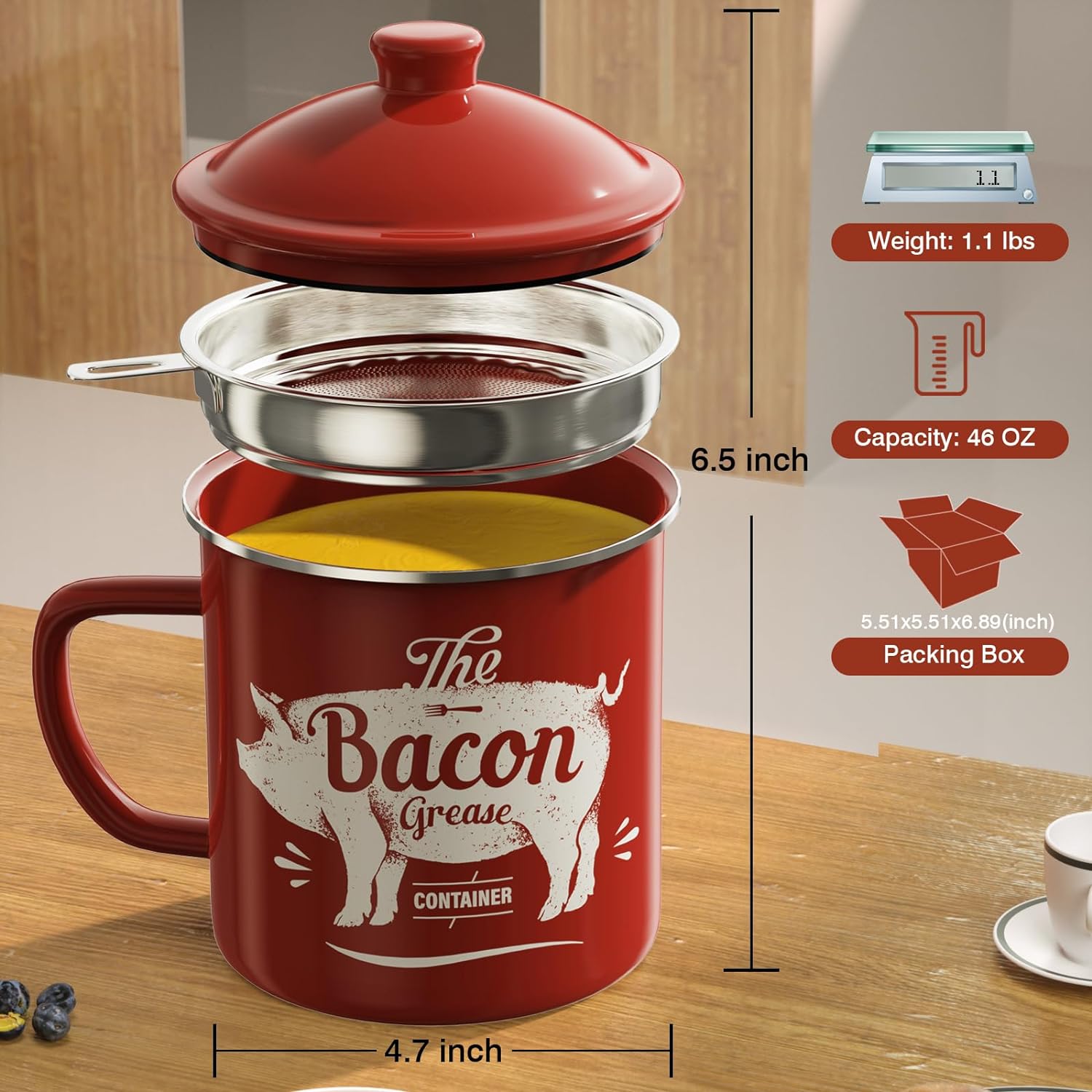 YUYAN-Bacon Grease Container With Strainer, 46OZ Large Enamel Grease ...