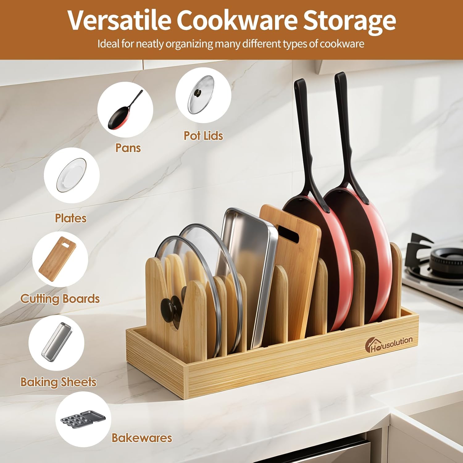 YUYAN-Bamboo Pot and Pan Organizer for Cabinet, Pot Lid Organizer with ...
