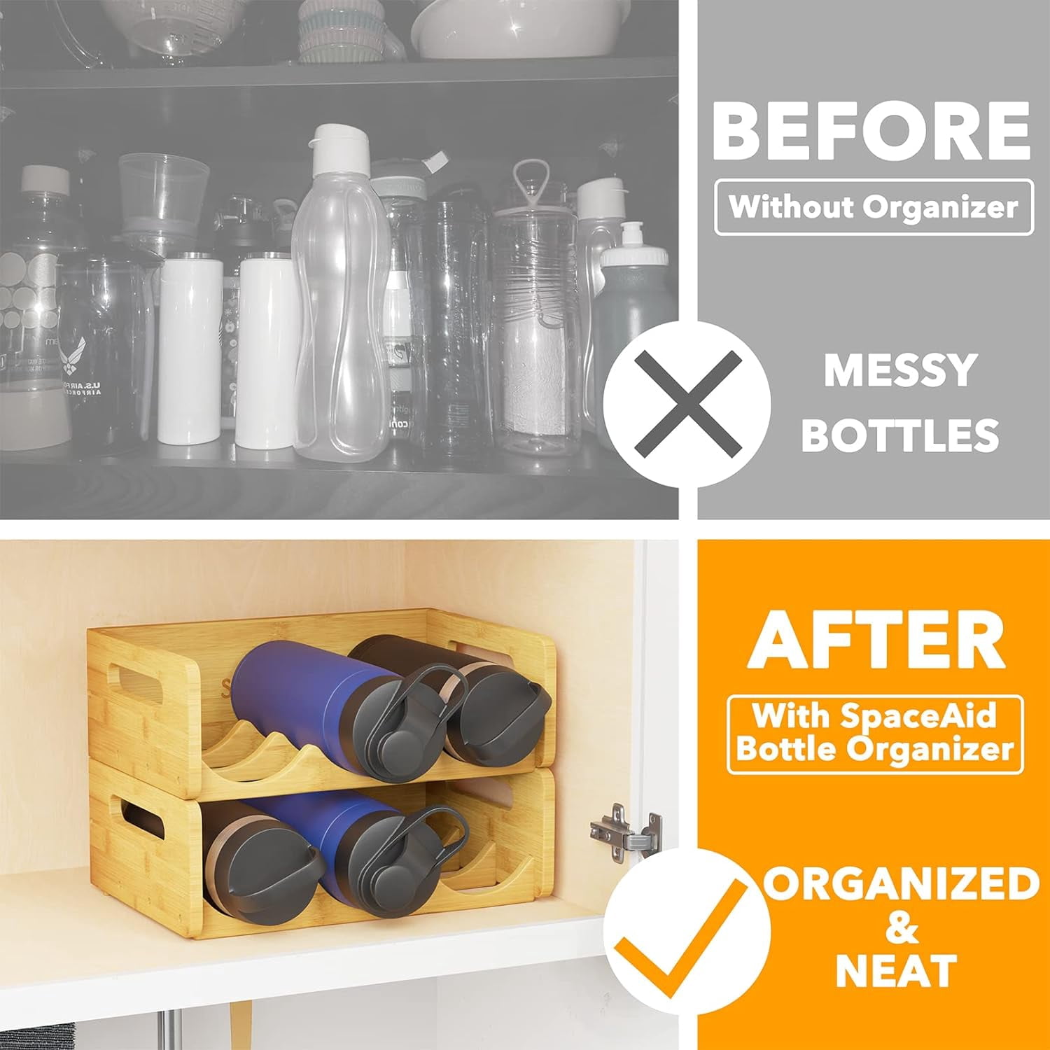 YUYAN-Bamboo Water Bottle Organizer with Labels for Kitchen and Pantry ...