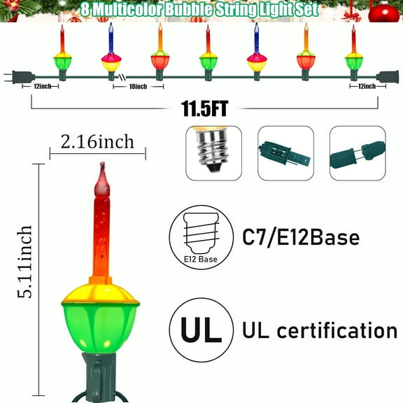 YUYAN-Colorful Bubble Lights, 11Ft Vintage Bubble Light with 8 Multicolor Bubble Light (1 Spare), Multicolor Traditional Bubble Lights for Patio Tree Holiday Fireplace Decor