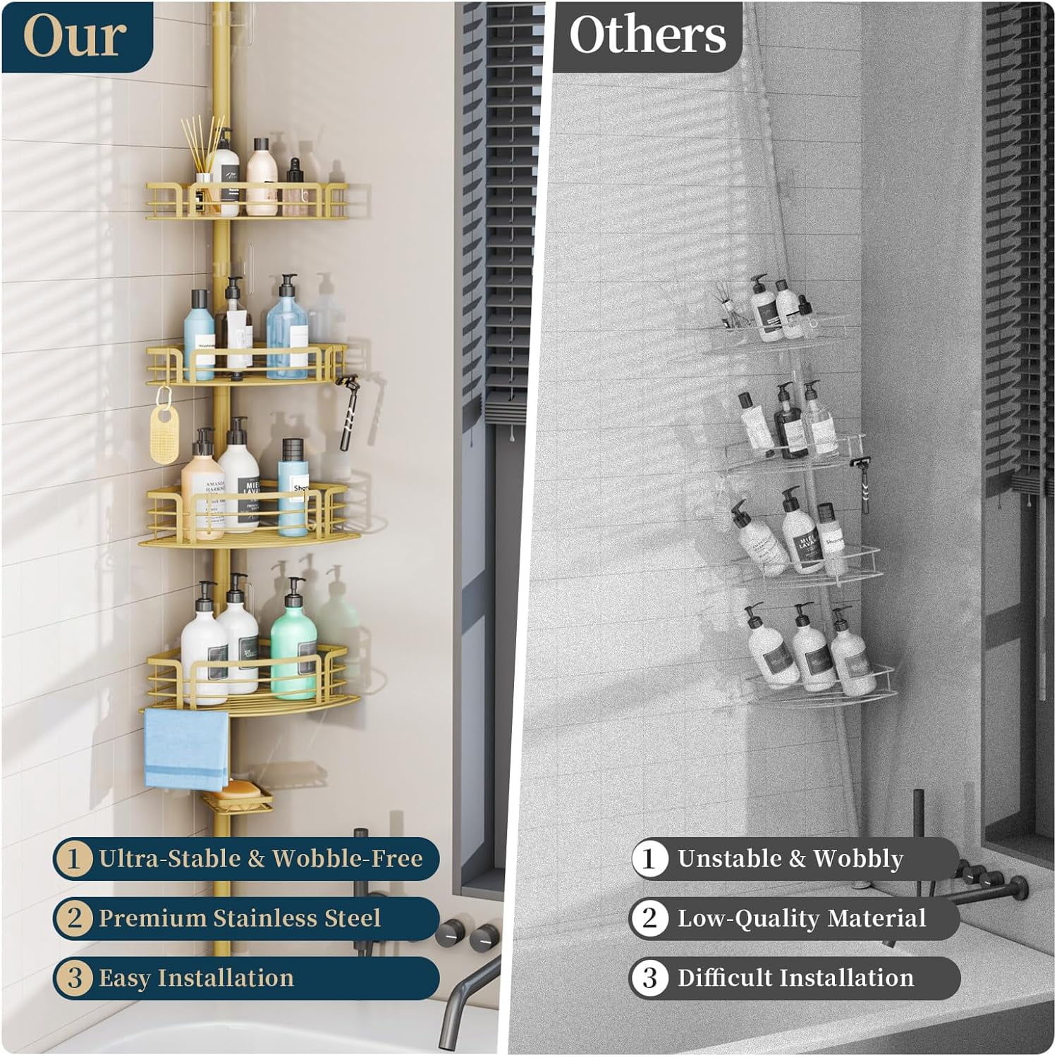 Segistan Stainless Steel Corner Shower Caddy – 2-Pack Wall Mounted Rust-Proof Bathroom Shelf, Brushed Gold