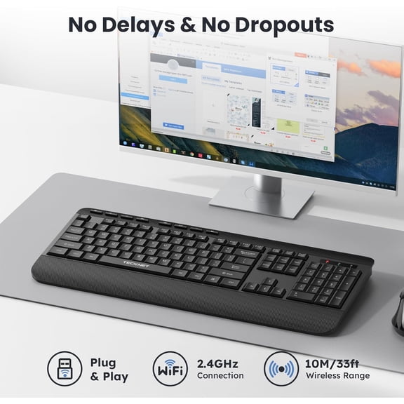 YUYAN-Ergonomic Wireless Keyboard for Laptop, 2.4G USB Silent Computer Keyboard with Comfortable Palm Rest & Adjustable Feet Stand for Desktop, PC, Notebook, Surface and Windows, Full Size Layout