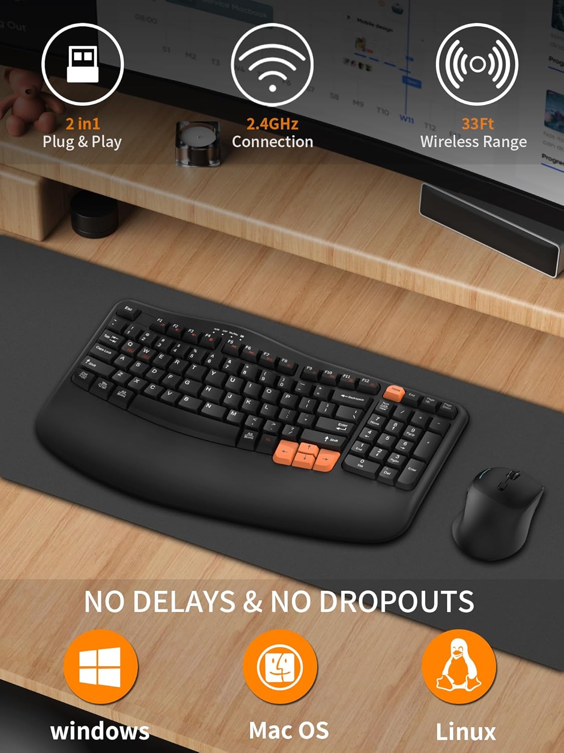 YUYAN-Ergonomic Wireless Keyboard with Wrist Rest, Wave Keys for ...