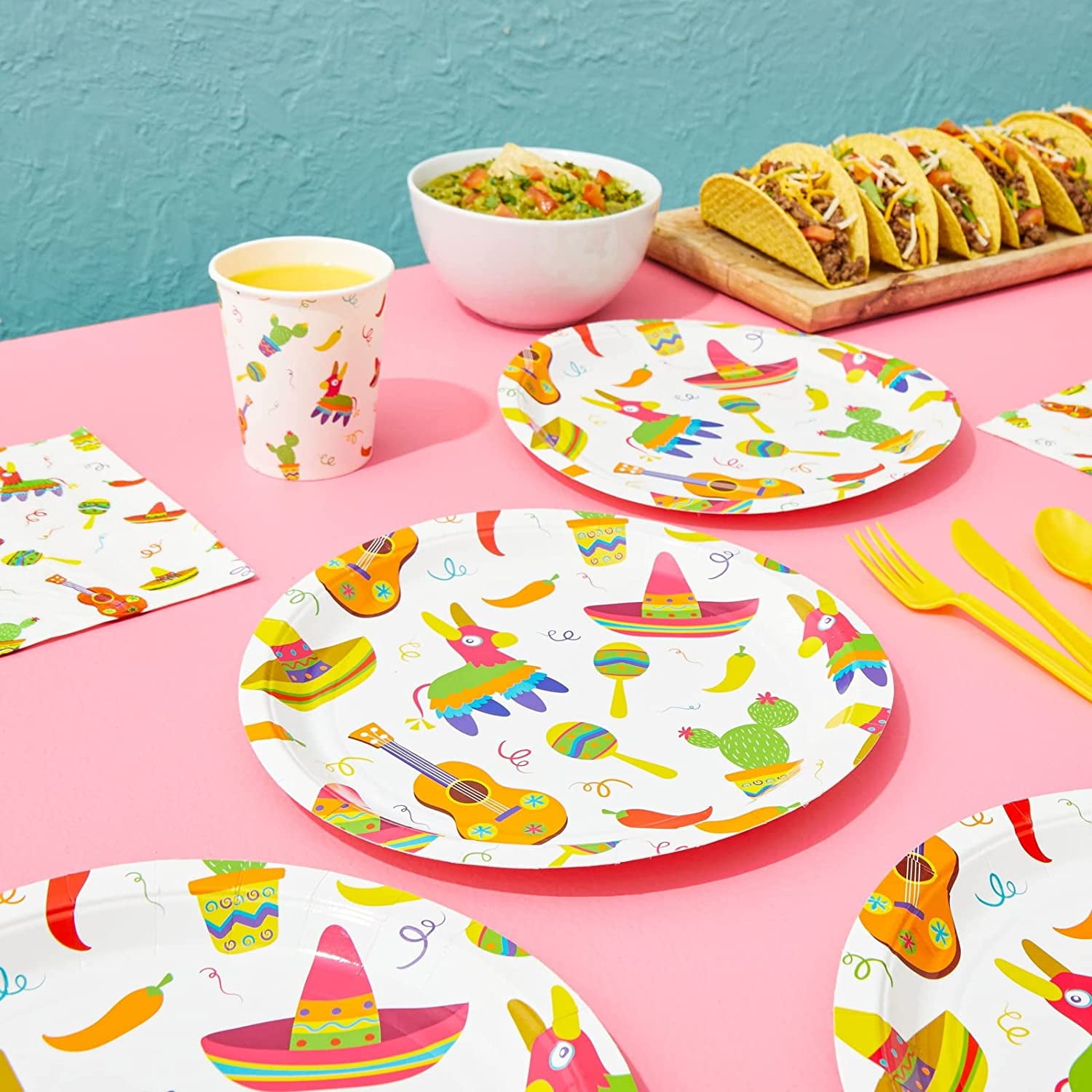 YUYAN-Fiesta Plates & Napkins Dinnerware Set - 144-Piece, Serves 24, Multicolor Cartoon Paper - Taco Party Plates & Cups - Mexican Themed Tableware - Fiesta Party Supplies