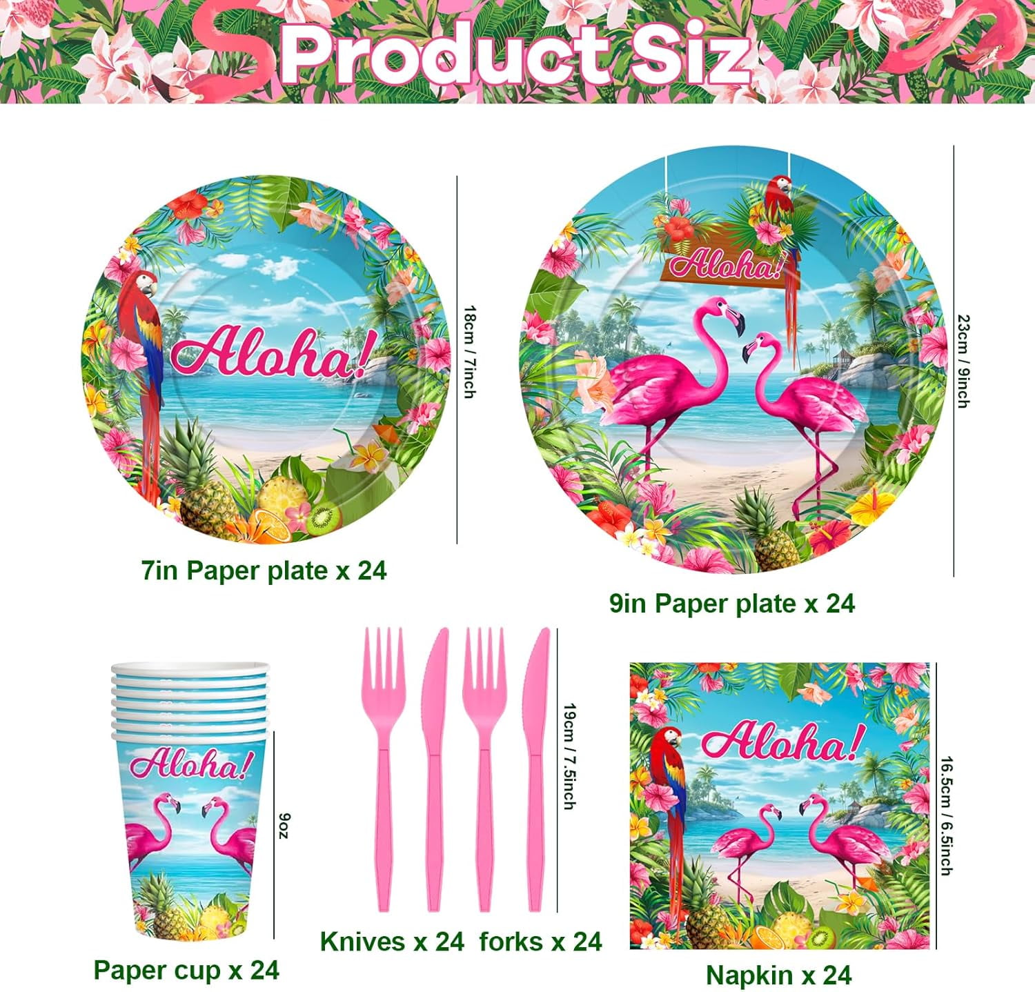 YUYAN-Flamingo Party Supplies 144 PCS, Tropical Hawaiian Luau Decorations Set, Aloha Paper Plates Cups Napkins Tableware for Birthday, Baby Shower, Garden & Beach Parties
